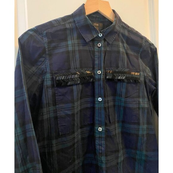 J. Crew Tartan Green Navy Plaid Beaded Chevron Popover Quarter Button Top 2 - Picture 6 of 8